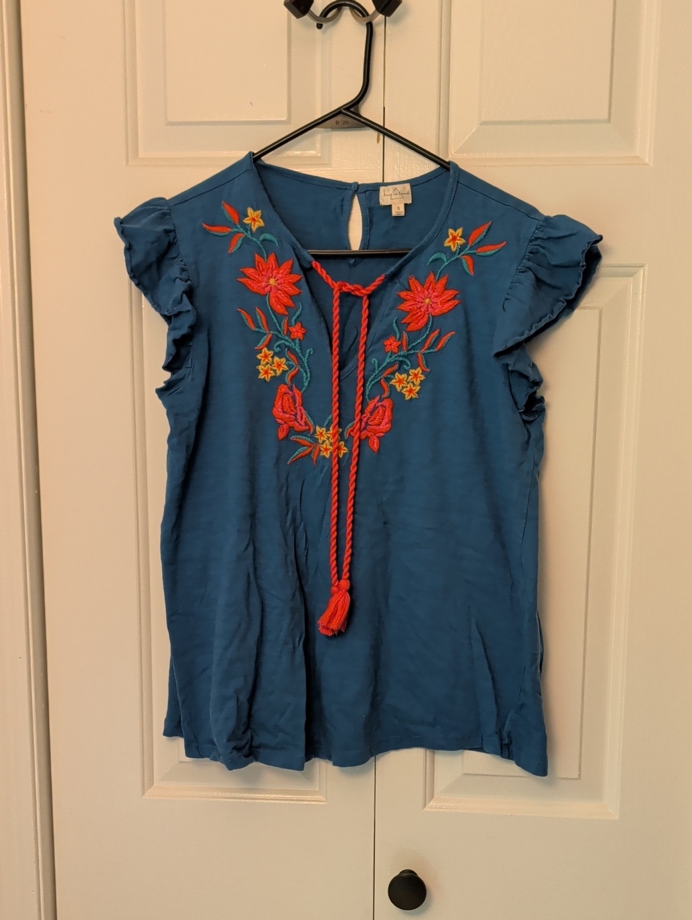 Blue Embroidered Flutter-Sleeve Women's Top with Coral Accents